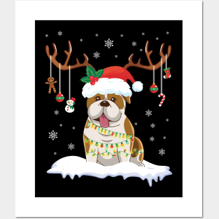 English Bulldog Reindeer Santa Noel Costume Dancing On Snow Posters and Art